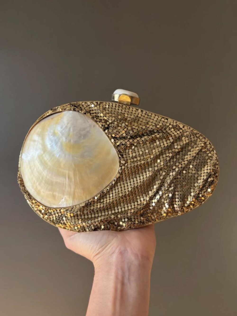 Gold Sequin Mother of Pearl Shell Clutch: Gemstone Clasp Evening Bag